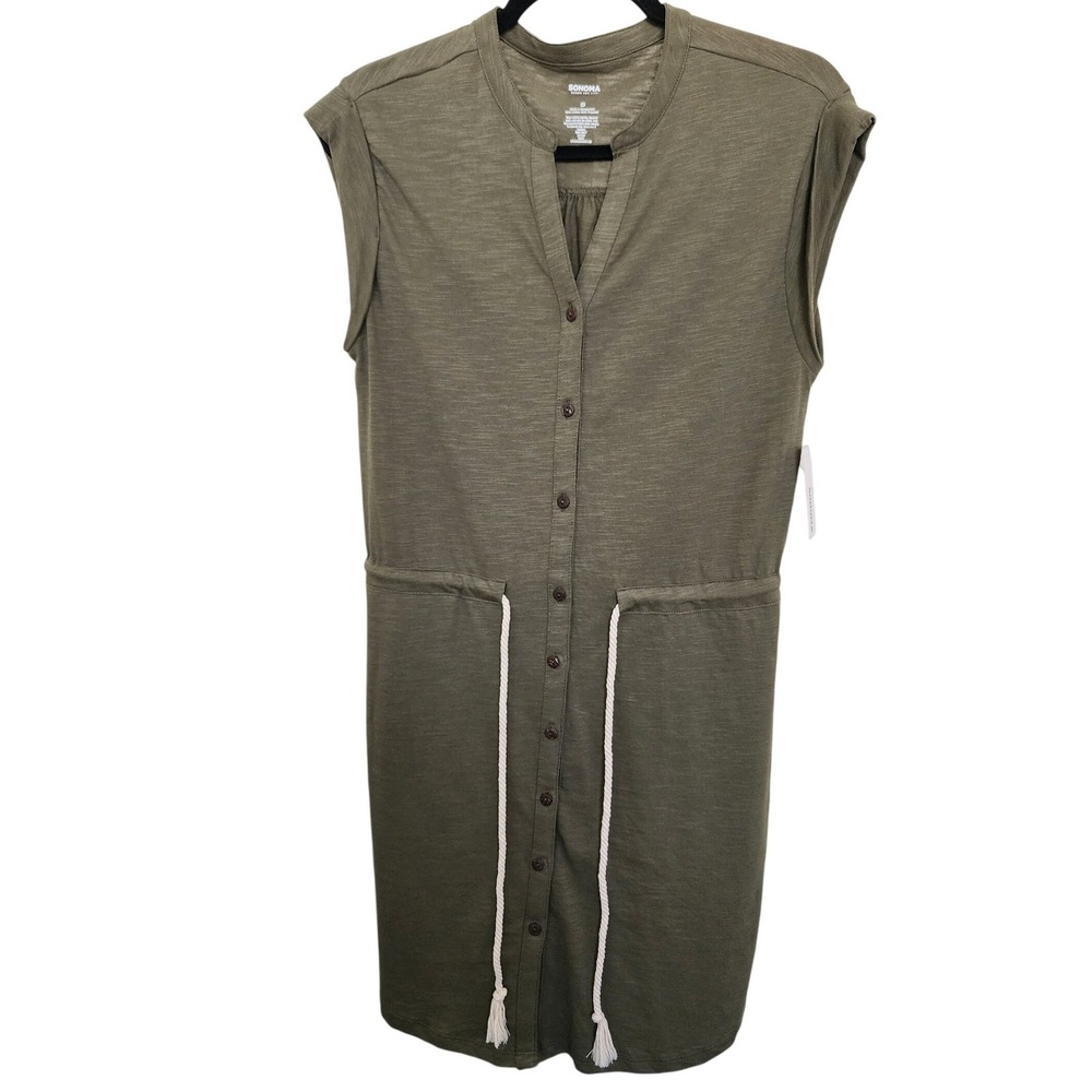 Sonoma Goods For Life Olive Green Button Front Slub Knit T-Shirt Dress Small NWT
